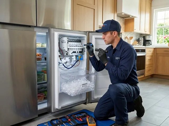 Appliance Repair Hero technician repairing a refrigerator ice maker in Bronson, MI