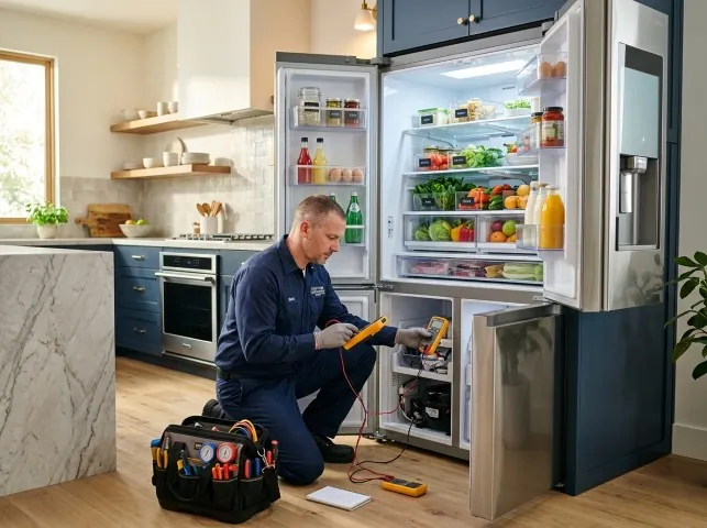 Appliance Repair Hero refrigerator technician testing a fridge on a Bronson, MI service call